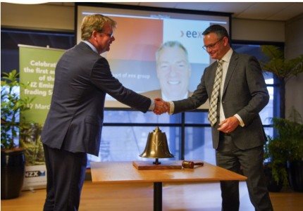 NZX chief executive Mark Peterson (left) and Climate Minister James Shaw at the first NZ ETS auction in March