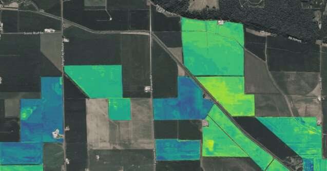 Cloud Agronomics carbon sequestration imaging overlaid onto a public map.