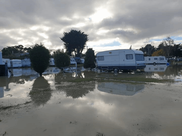 Plenty of water visible at the Waikuku Holiday Park in North Canterbury.
