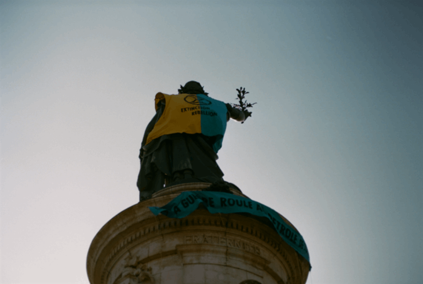 Paris's Iconic Statue de la Republique has been dressed in Extinction Rebellion attire for the last four weeks
