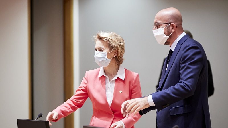 EU Council President Charles Michel and EU Commission President Ursula von der Leyen meeting with the 27 national leaders in Brussels