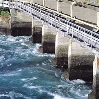 Gates at Lake Taupo ... hydro lake levels low, aggravated by drought