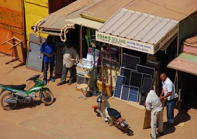Solar panels on sale at a shop in Ouagadougou, Burkina Faso.