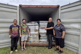 Cool roof application lead Hivi Puheke, Noah Bunkley, Sir Collin Tukuitinga and Niue site lead Jama'l Talagi-Veidreyaki Cool roof application lead Hivi Puheke, Noah Bunkley, Sir Collin Tukuitinga and Niue site lead Jama'l Talagi-Veidreyaki