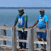 Paul Kabai and Pabai Pabai on the boardwalk in Boigu. Paul Kabai and Pabai Pabai on the boardwalk in Boigu.