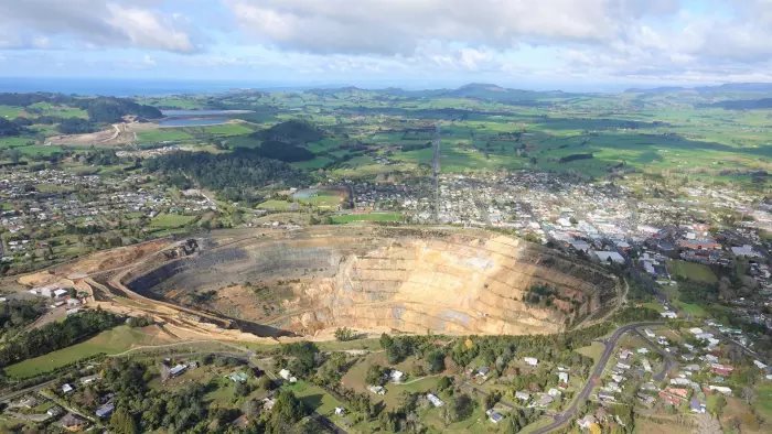 OceanaGold's Martha open pit mine dominates Waihi town landscape.