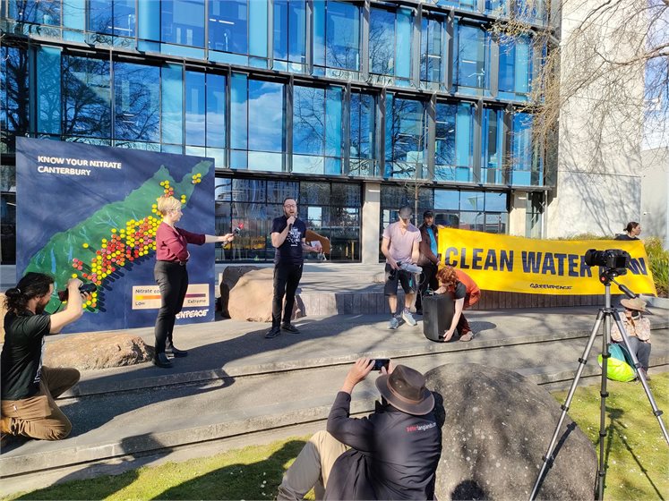 Greenpeace supporters outside the Environment Canterbury buliding