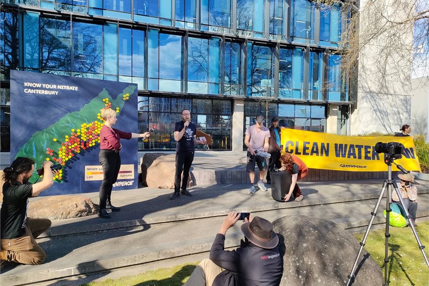 Greenpeace supporters outside the Environment Canterbury buliding