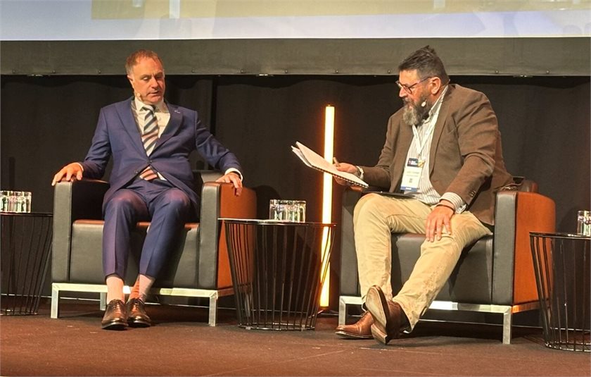 Climate change minister Simon Watts and Energy Resources Aotearoa's John Carnegie in conversation at Downstream