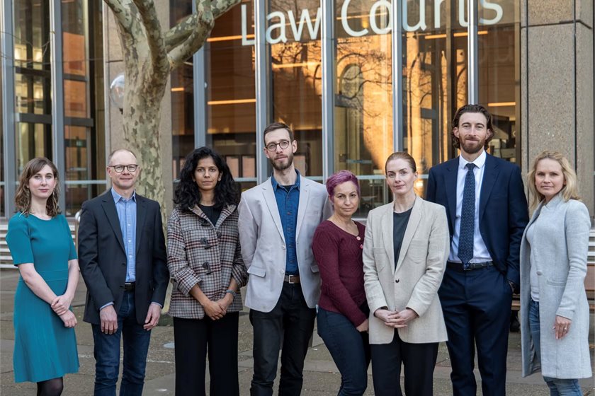 Members of the Parents for Climate group, and lawyer David Hertzberg, outside the federal court in Sydney. The advocacy group accused Energy Australia of greenwashing. The parties have now agreed to a settlement.