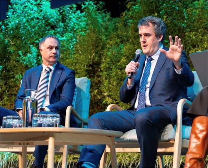 Local government and climate minister Simon Watts (left) and transport minister Chris Bishop at the Local Government NZ conference this week