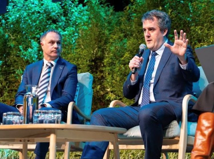 Local government and climate minister Simon Watts (left) and transport minister Chris Bishop at the Local Government NZ conference this week