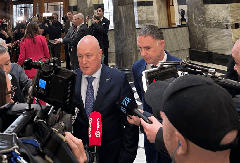 Prime Minister Christopher Luxon and Energy and Climate Change Minister Simon Watts speaking to media.