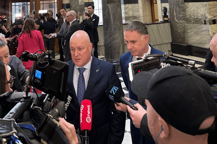 Prime Minister Christopher Luxon and Energy and Climate Change Minister Simon Watts speaking to media.