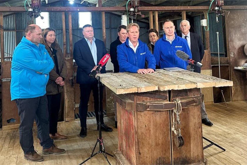 Climate Change Minister Simon Watts (front right) alongside Agriculture Minister Todd McLay announcing the controversial new methane target on Sunday.