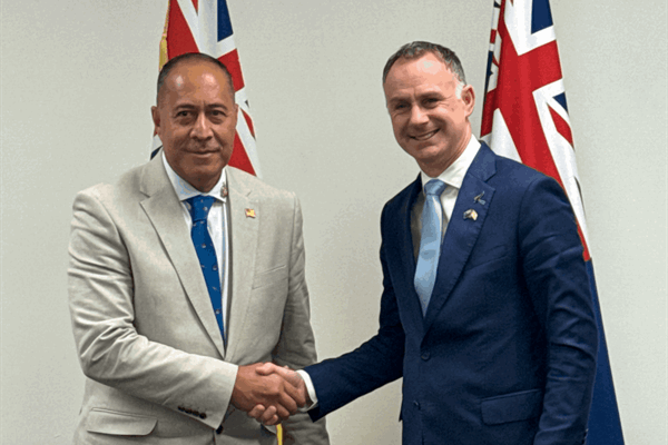 Climate Change Minister Simon Watts (right) with the Prime Minister of Niue, Dalton Tagelagi.