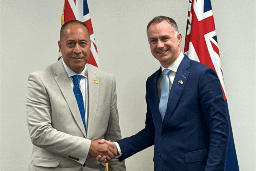 Climate Change Minister Simon Watts (right) with the Prime Minister of Niue, Dalton Tagelagi.