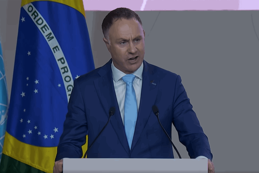 Climate Change Minister Simon Watts delivering New Zealand's national statement at COP30 last week.