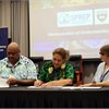 Signing of MoU. SPREP Director General Sefanaia Nawadra (left) with Professor Jemaima Tiatia-Siau and Professor JR Rowland in Apia
