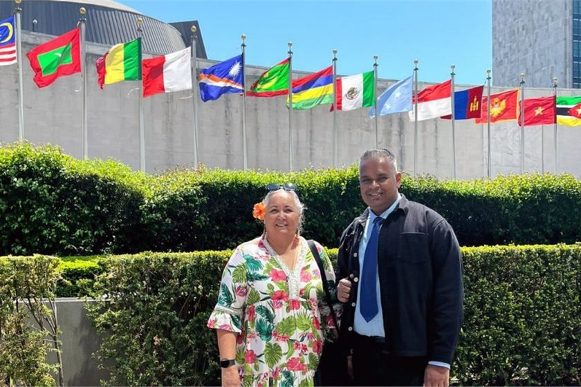 Christina Newport and Awnesh Singh outside United Nations headquarters in New York