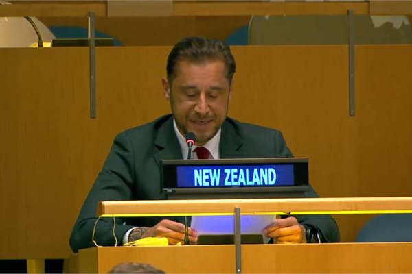 New Zealand's representative Shannon Tau speaking at the UN General Assembly in support of NZ's vote.