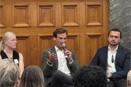 School Strike for Climate founder Sophie Handford, eco-farmer Sam Hogg, and climate and indigenous rights advocate Kaeden Watts at the Kiwis in Climate book launch.