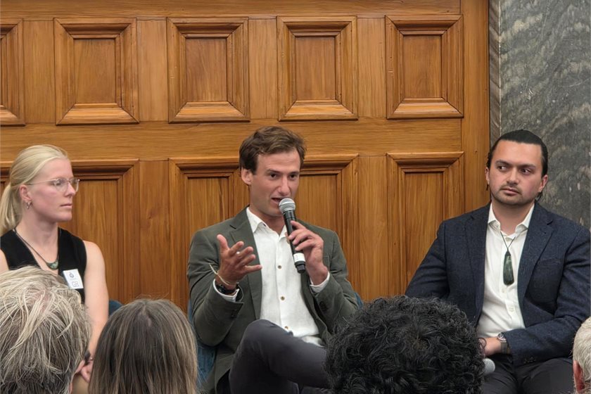 School Strike for Climate founder Sophie Handford, eco-farmer Sam Hogg, and climate and indigenous rights advocate Kaeden Watts at the Kiwis in Climate book launch.