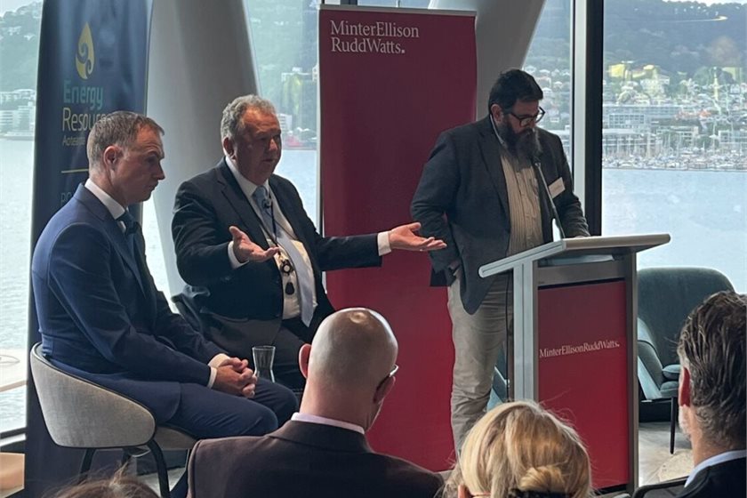 Climate Change and Energy Minister Simon Watts, left, with Resources Minister Shane Jones, centre, at a breakfast event yesterday hosted by fossil fuel lobby group Energy Resources Aotearoa