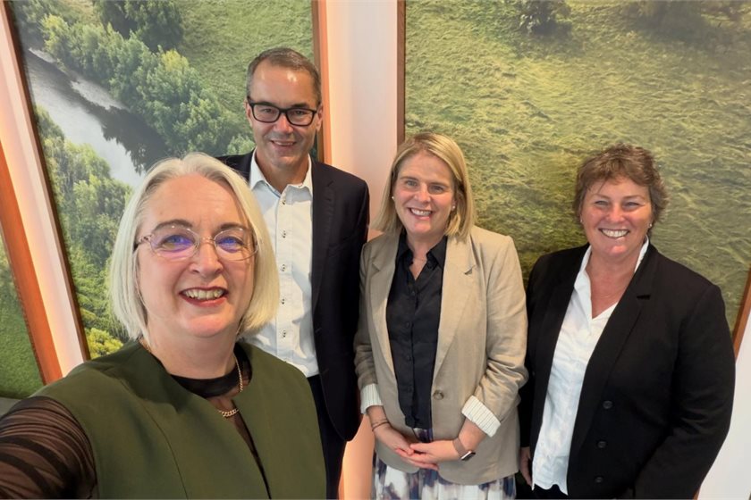 Labour climate spokesperson Deborah Russell with Fonterra group director, global external affairs, Simon Tucker, Fonterra director of sustainability Charlotte Rutherford, and Fonterra director Alison Watters.