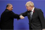Tuvalu PM Kausea Natano and UK PM Boris Johnson bumping arms Tuvalu PM Kausea Natano and UK PM Boris Johnson bumping arms